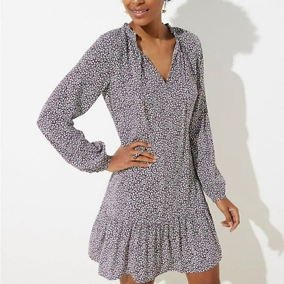 Loft Vine Ruffle Tie Neck Dress Knee Length Long Sleeves Purple Women Size 8 - Picture 1 of 14